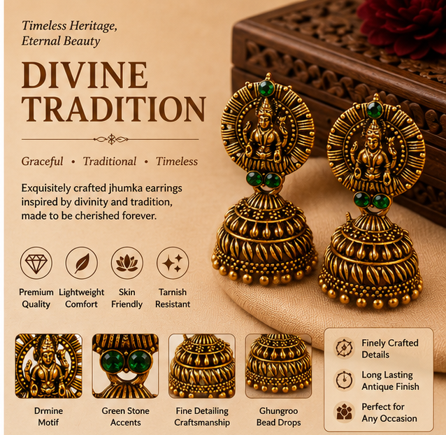 Antique Gold Lakshmi Temple Jhumka Earrings with Green Stones
