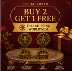 Antique Gold Lakshmi Temple Jhumka Earrings with Green Stones