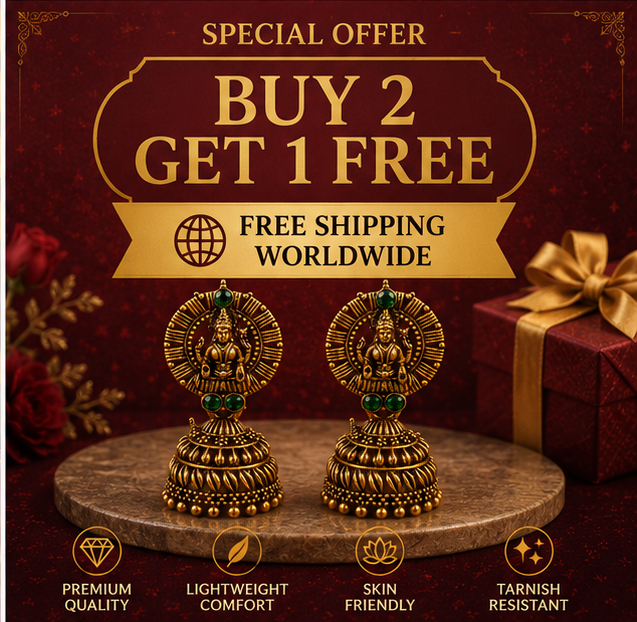 Antique Gold Lakshmi Temple Jhumka Earrings with Green Stones