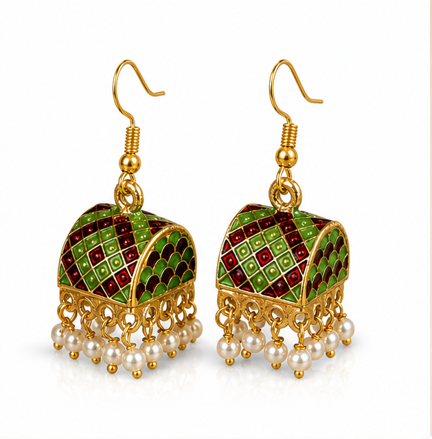 Green Meenakari Dome Jhumka Earrings with Pearl Drops