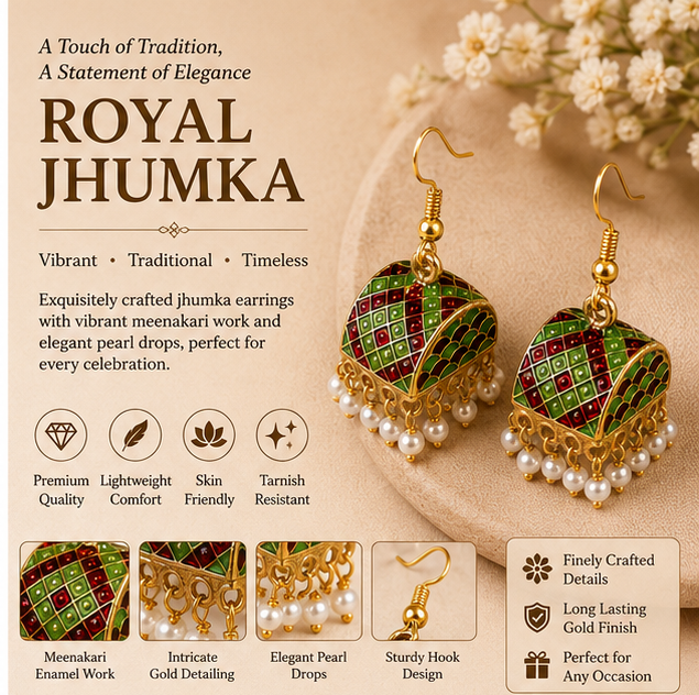 Green Meenakari Dome Jhumka Earrings with Pearl Drops