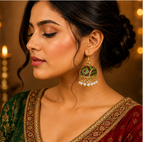 Green Meenakari Dome Jhumka Earrings with Pearl Drops