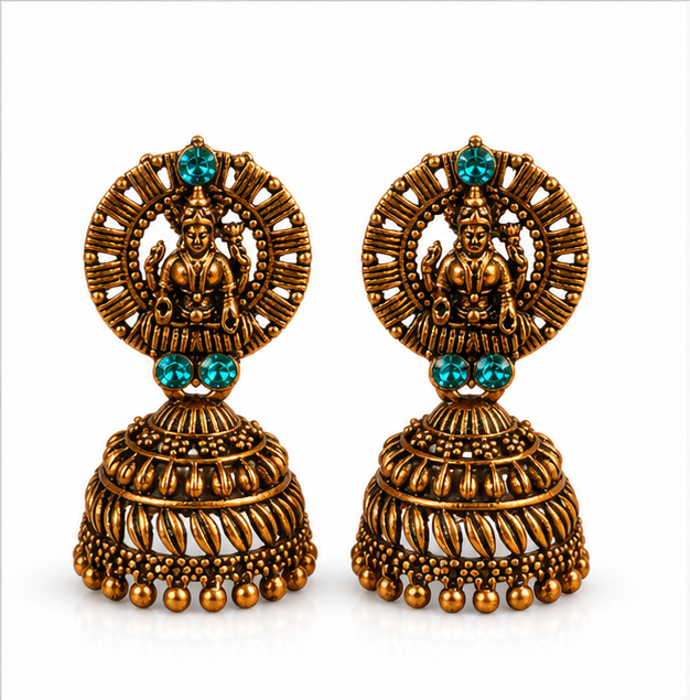 Antique Gold Lakshmi Temple Jhumka Earrings with Turquoise Stones