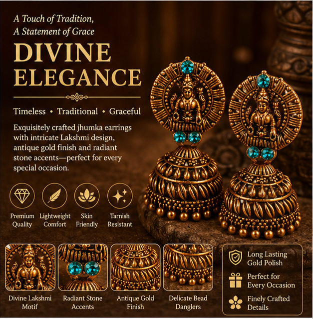 Antique Gold Lakshmi Temple Jhumka Earrings with Turquoise Stones