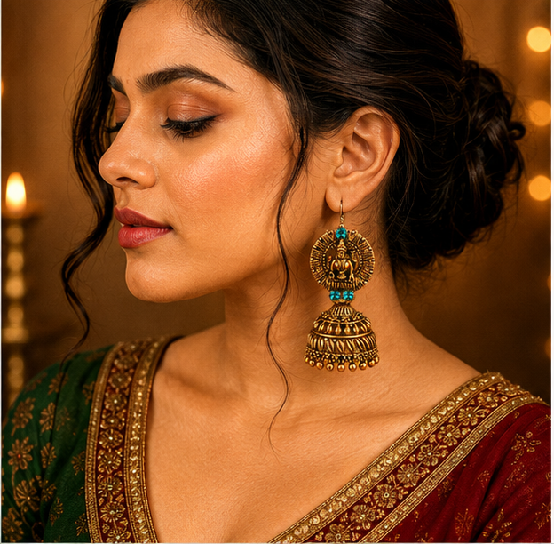 Antique Gold Lakshmi Temple Jhumka Earrings with Turquoise Stones
