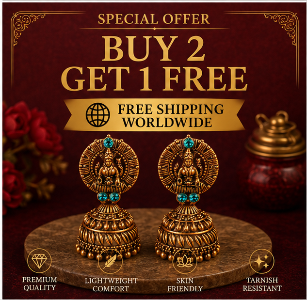 Antique Gold Lakshmi Temple Jhumka Earrings with Turquoise Stones