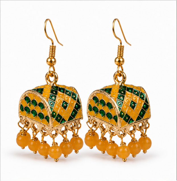 Yellow Green Meenakari Dome Jhumka Earrings with Yellow Beads