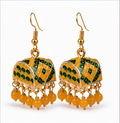 Yellow Green Meenakari Dome Jhumka Earrings with Yellow Beads