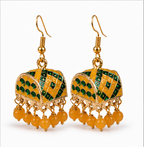 Yellow Green Meenakari Dome Jhumka Earrings with Yellow Beads