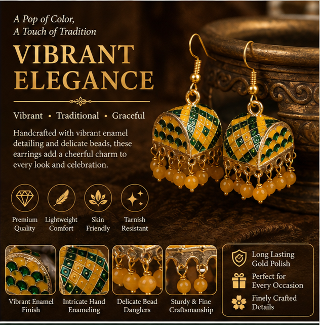 Yellow Green Meenakari Dome Jhumka Earrings with Yellow Beads