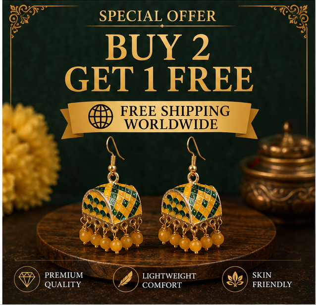 Yellow Green Meenakari Dome Jhumka Earrings with Yellow Beads