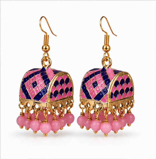 Pink Meenakari Dome Jhumka Earrings with Bead Drops