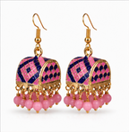 Pink Meenakari Dome Jhumka Earrings with Bead Drops