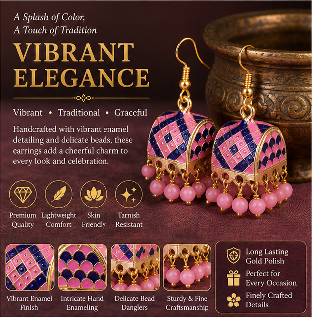 Pink Meenakari Dome Jhumka Earrings with Bead Drops