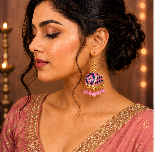 Pink Meenakari Dome Jhumka Earrings with Bead Drops