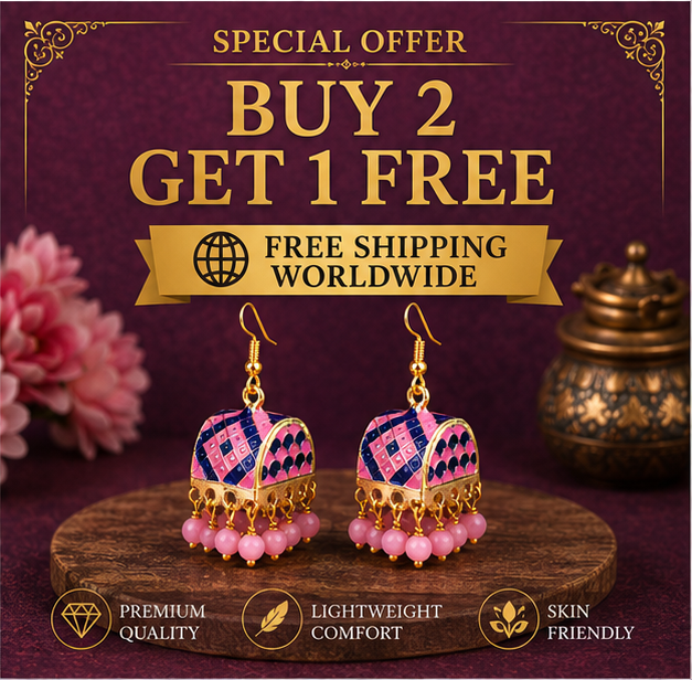 Pink Meenakari Dome Jhumka Earrings with Bead Drops