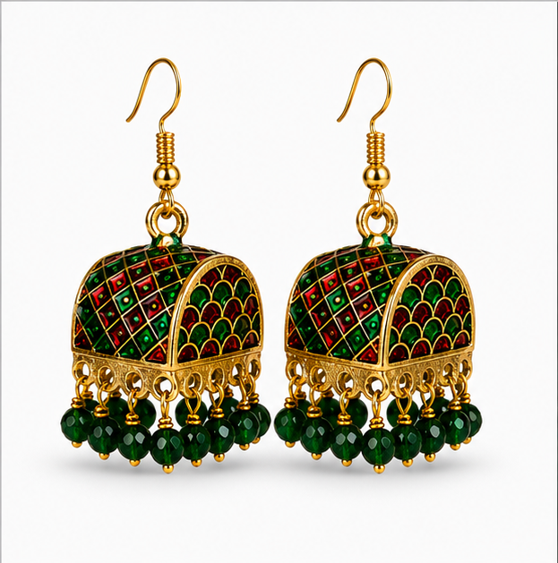 Green Meenakari Dome Jhumka Earrings with Green Beads