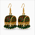 Green Meenakari Dome Jhumka Earrings with Green Beads