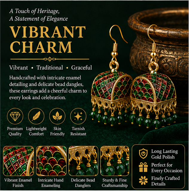 Green Meenakari Dome Jhumka Earrings with Green Beads