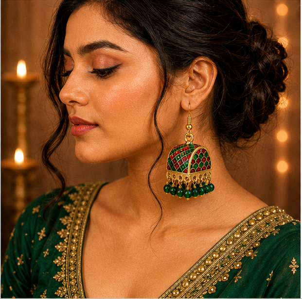 Green Meenakari Dome Jhumka Earrings with Green Beads