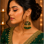 Green Meenakari Dome Jhumka Earrings with Green Beads