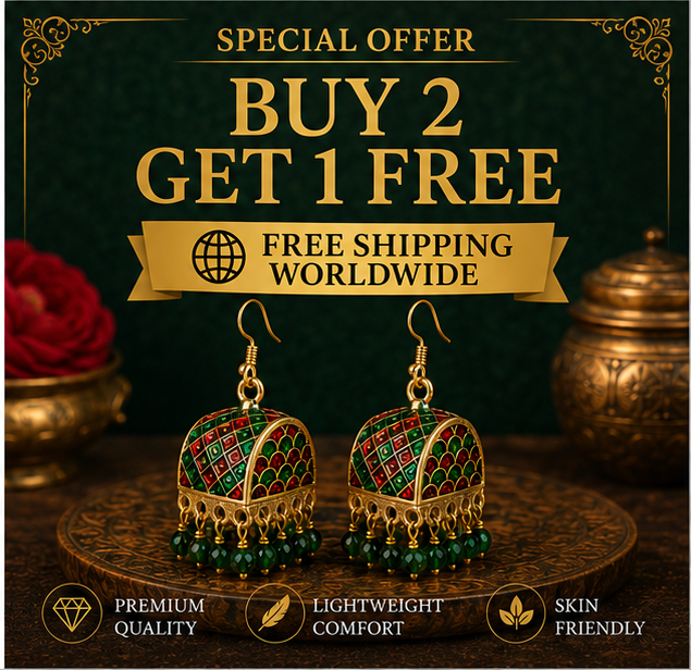 Green Meenakari Dome Jhumka Earrings with Green Beads