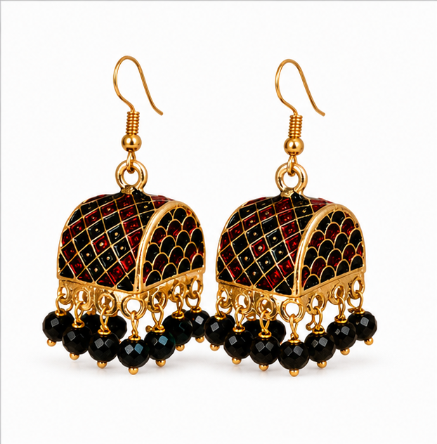 Black Meenakari Dome Jhumka Earrings with Black Crystal Beads
