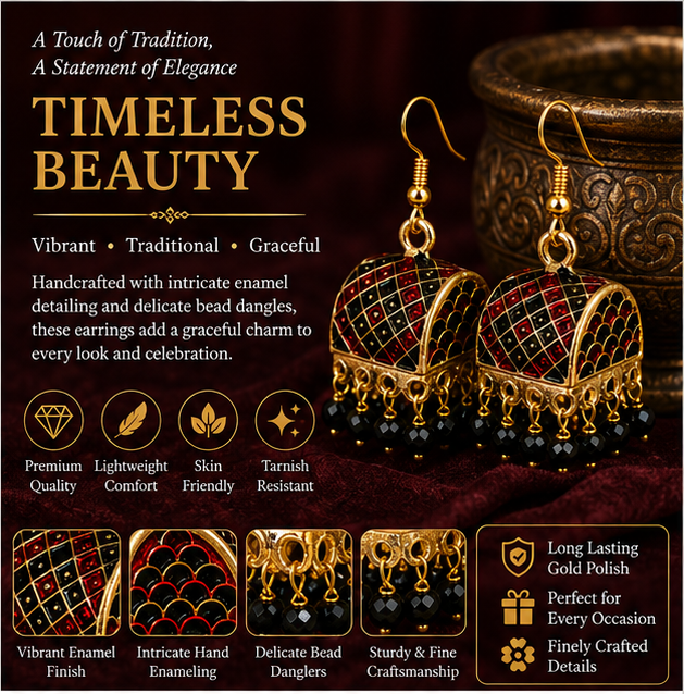 Black Meenakari Dome Jhumka Earrings with Black Crystal Beads