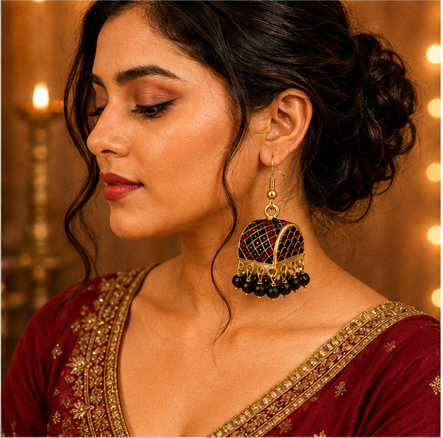 Black Meenakari Dome Jhumka Earrings with Black Crystal Beads