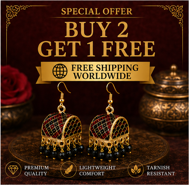 Black Meenakari Dome Jhumka Earrings with Black Crystal Beads