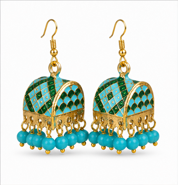 Turquoise Meenakari Dome Jhumka Earrings with Blue Beads