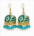 Turquoise Meenakari Dome Jhumka Earrings with Blue Beads
