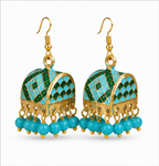 Turquoise Meenakari Dome Jhumka Earrings with Blue Beads