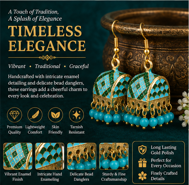 Turquoise Meenakari Dome Jhumka Earrings with Blue Beads