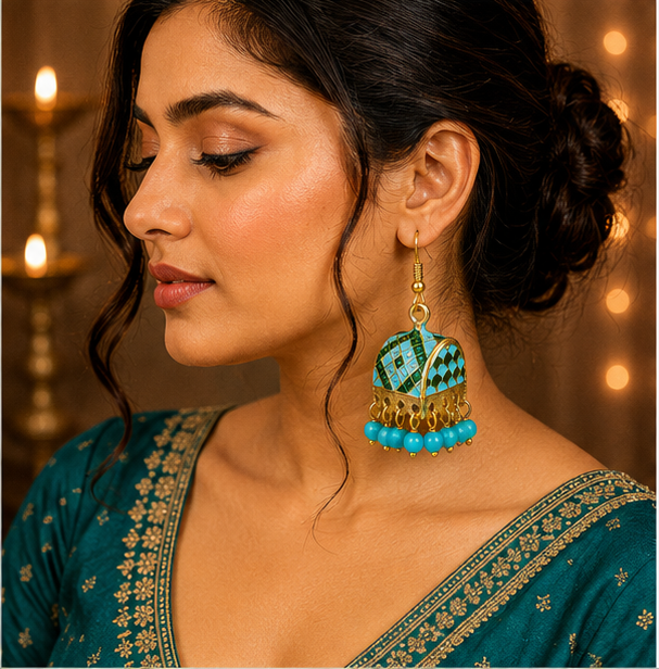 Turquoise Meenakari Dome Jhumka Earrings with Blue Beads