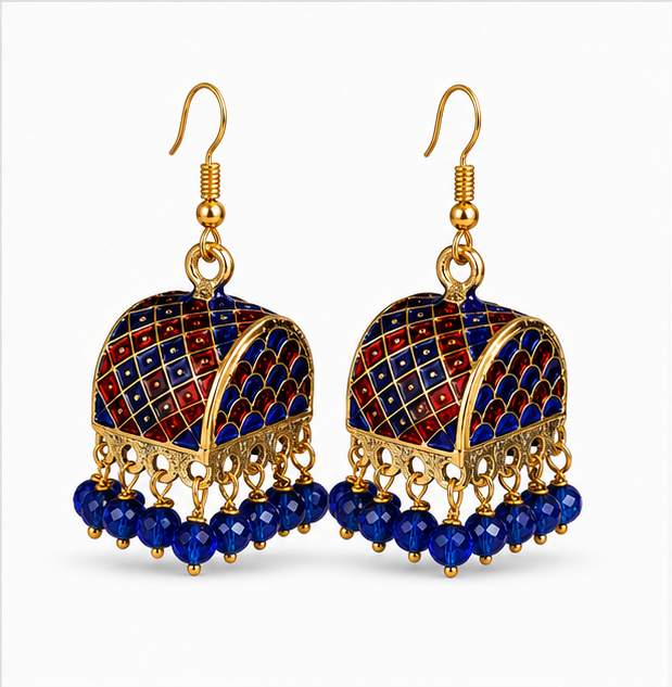 Blue Meenakari Dome Jhumka Earrings with Blue Crystal Beads