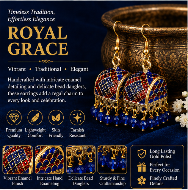 Blue Meenakari Dome Jhumka Earrings with Blue Crystal Beads