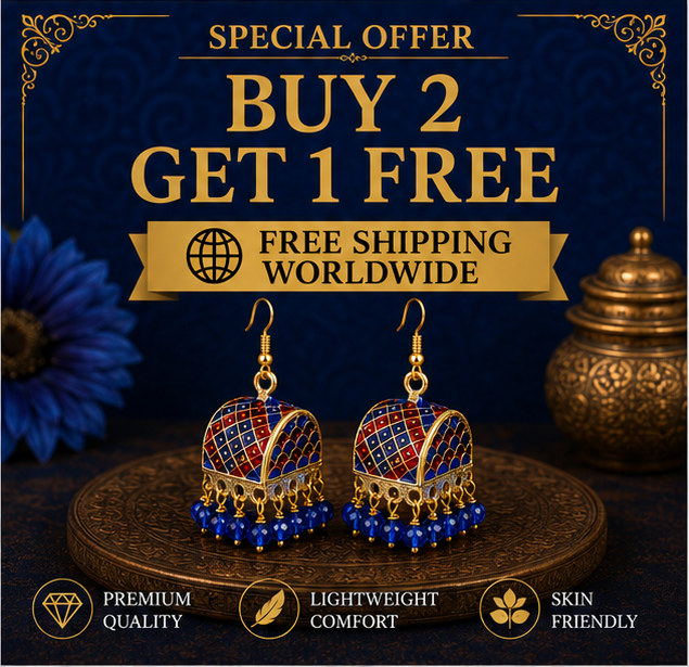 Blue Meenakari Dome Jhumka Earrings with Blue Crystal Beads