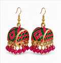 Pink Green Meenakari Dome Jhumka Earrings with Crystal Beads