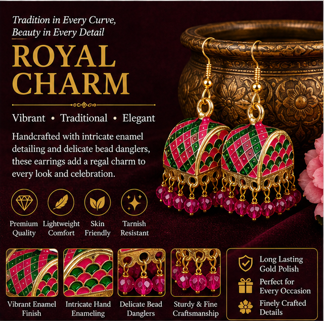 Pink Green Meenakari Dome Jhumka Earrings with Crystal Beads