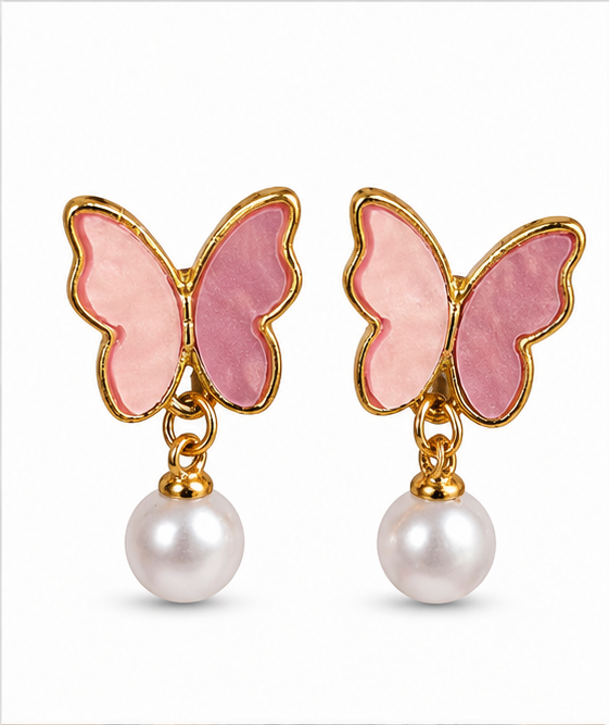 Pink Butterfly Pearl Drop Stud Earrings