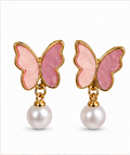 Pink Butterfly Pearl Drop Stud Earrings