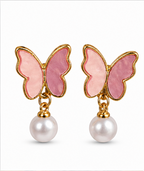 Pink Butterfly Pearl Drop Stud Earrings