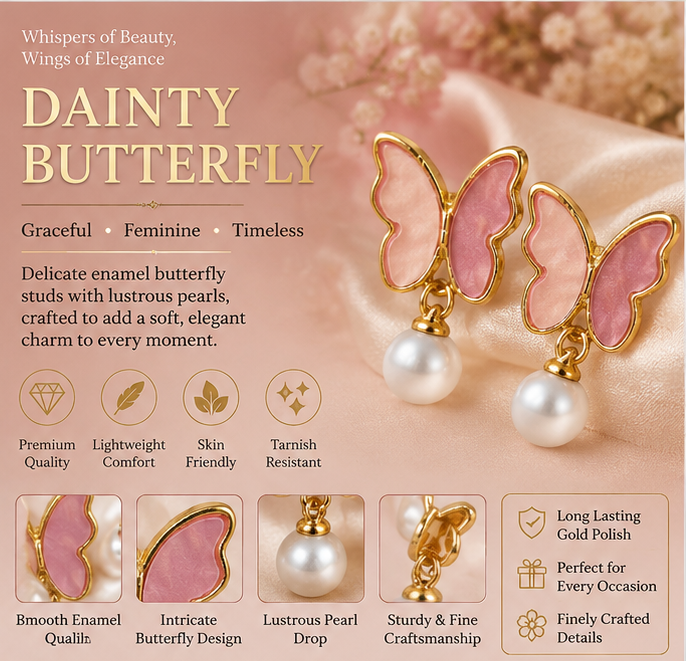 Pink Butterfly Pearl Drop Stud Earrings