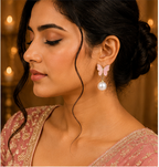 Pink Butterfly Pearl Drop Stud Earrings