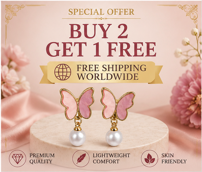 Pink Butterfly Pearl Drop Stud Earrings