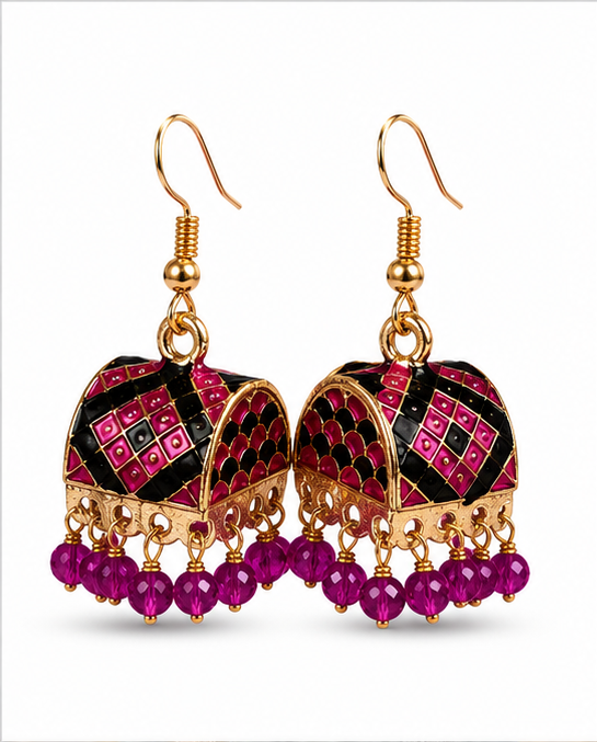 Black Pink Meenakari Dome Jhumka Earrings with Crystal Beads