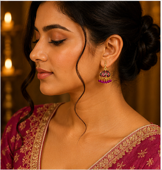 Black Pink Meenakari Dome Jhumka Earrings with Crystal Beads