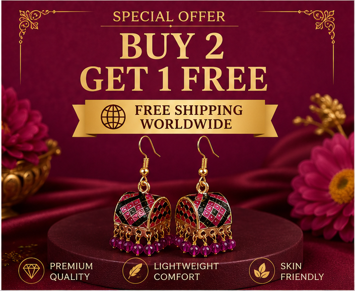 Black Pink Meenakari Dome Jhumka Earrings with Crystal Beads