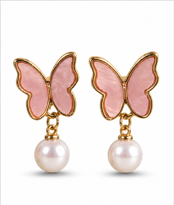 Pink Butterfly Pearl Drop Earrings for Women